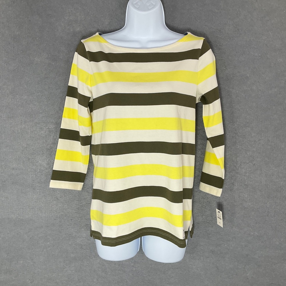 Talbots Striped 3/4‎ Sleeve Boat Neck Top XS Yellow Olive Green Cotton Casual